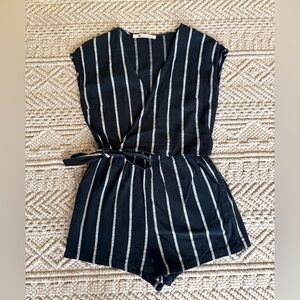 The Impeccable Pig Black White Striped Wrap Romper Size S Tie Waist